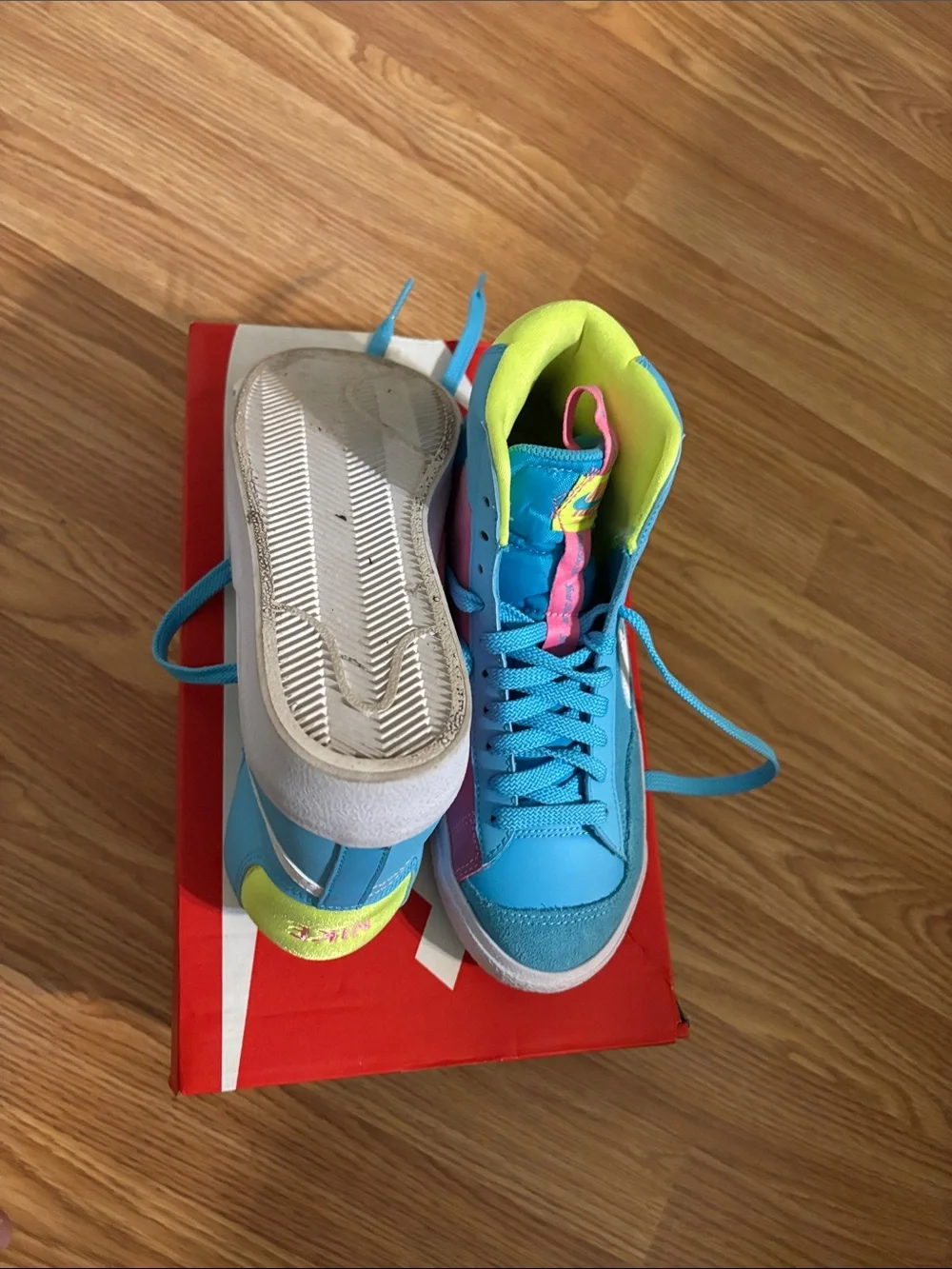 Nike Kids Blue High-Top Sneakers with Neon Yellow and Pink Accents - Picture 1 of 2